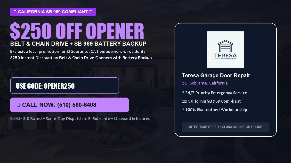 $250 OFF Smart Garage Door Opener Installation (Belt & Chain Drive with California SB 969 Battery Backup) in El Sobrante, CA